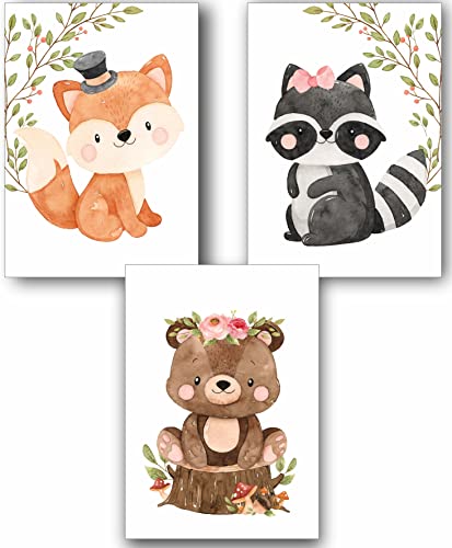 Manschin-Laserdesign 3er Set Wandbilder Kinderzimmer Poster | Din A3 & Din A4 | Babyzimmer Deko Mädchen Jungen Bilder Dekoration Aquarell Waldtiere skandinavisch (P1007) von Manschin-Laserdesign