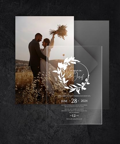 Manschin-Laserdesign Hochzeitseinladungen | Edle Einladungskarten aus Acrylglas für Hochzeit, Geburtstag, Partys - personalisierbar mit Ihrem Wunschtext - mit UV Druck von Manschin-Laserdesign