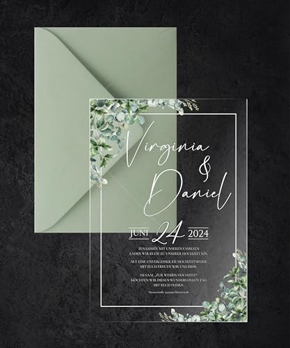 Manschin-Laserdesign Hochzeitseinladungen | Edle Einladungskarten aus Acrylglas für Hochzeit, Geburtstag, Partys - personalisierbar mit Ihrem Wunschtext - mit UV Druck von Manschin-Laserdesign