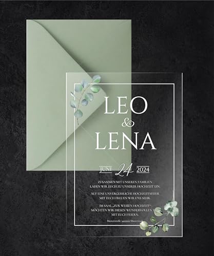 Manschin-Laserdesign Hochzeitseinladungen | Edle Einladungskarten aus Acrylglas für Hochzeit, Geburtstag, Partys - personalisierbar mit Ihrem Wunschtext - mit UV Druck von Manschin-Laserdesign