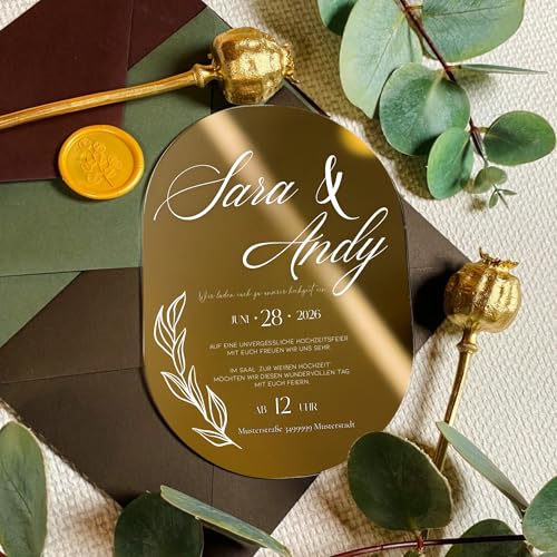Manschin-Laserdesign Hochzeitseinladungen | Edle Einladungskarten aus spiegelndem Acrylglas für Hochzeit, Geburtstag, Partys - personalisierbar mit Ihrem Wunschtext - mit UV Druck (Gold) von Manschin-Laserdesign
