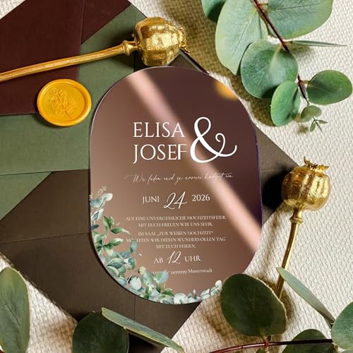 Manschin-Laserdesign Hochzeitseinladungen | Edle Einladungskarten aus spiegelndem Acrylglas für Hochzeit, Geburtstag, Partys - personalisierbar mit Ihrem Wunschtext - mit UV Druck (Kupfer) von Manschin-Laserdesign