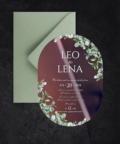 Manschin-Laserdesign Hochzeitseinladungen | Edle Einladungskarten aus spiegelndem Acrylglas für Hochzeit, Geburtstag, Partys - personalisierbar mit Ihrem Wunschtext - mit UV Druck (Kupfer) von Manschin-Laserdesign
