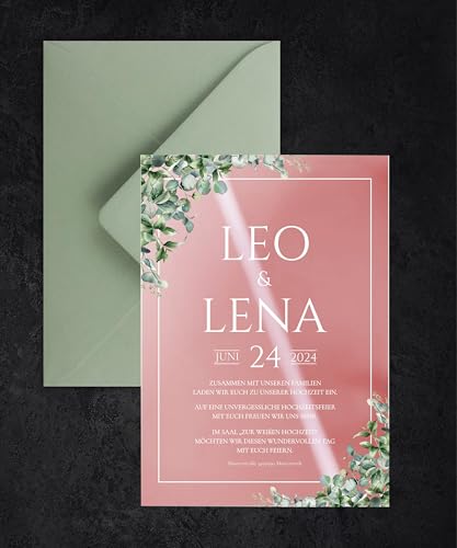 Manschin-Laserdesign Hochzeitseinladungen | Edle Einladungskarten aus spiegelndem Acrylglas für Hochzeit, Geburtstag, Partys - personalisierbar mit Ihrem Wunschtext - mit UV Druck (Roségold) von Manschin-Laserdesign