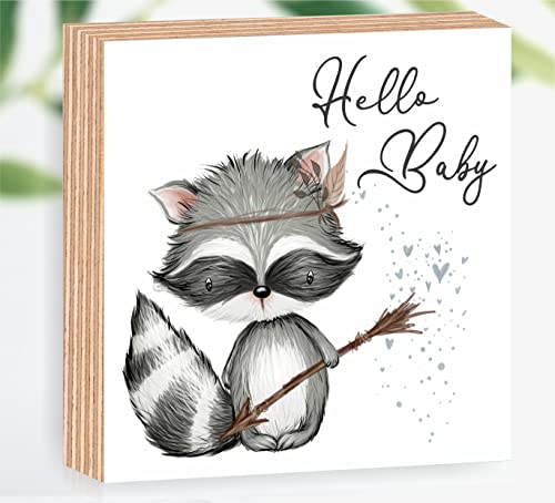 Manschin-Laserdesign Holzbild Hello Baby 15x15x2cm zum Hinstellen/Aufhängen 3D, Fotodirektdruck auf beschichtetes Birkenholz. Kinderzimmer Babyzimmer Deko (Waschbär) von Manschin-Laserdesign