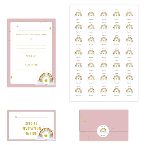 Manta Makes Einladungen für Kindergeburtstage, mit Umschlag-Design für Mädchen oder Jungen, mit gratis Aufklebern, 35 Stück (rosa Stern und Regenbogen) von Manta Makes