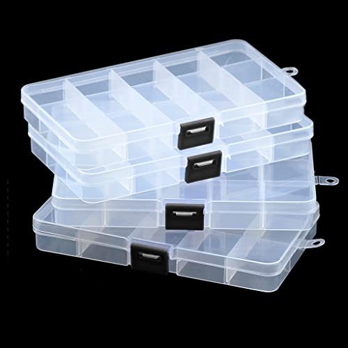 Transparente Organizer-Box aus Kunststoff mit 15 Fächern, mit verstellbaren Trennwänden für Elektronik, Schmuck, Perlen, Kunst, Basteln, Angeln, Kleinteile, 4 Stück von Mantain