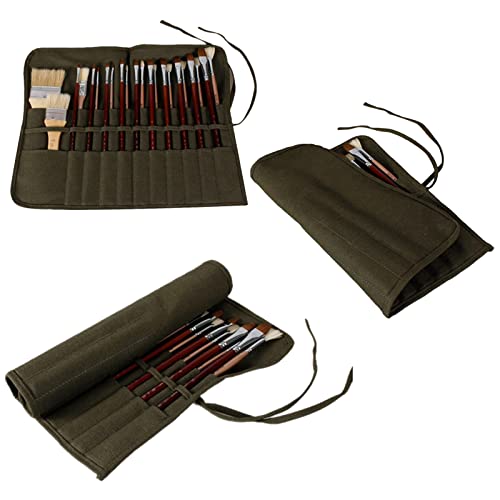 Pinselrolle aus Segeltuch, Pinselhalter, aufrollbare Leinwand-Pinseltasche, Künstler-Acryl-Öl-Aquarell-Pinsel-Etui, Zeichenstift, Gouache-Aquarell-Öl-Pinsel-Aufbewahrung (Armeegrün und 22 Fächer) von Manwetye