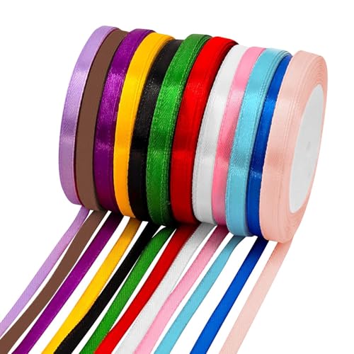 Mehrfarbige Satinbänder, 6 mm x 22 m, dünnes Band zum Basteln, Haarbänder, dickes Band-Set, Seidensatin für Haare, farbige Stoff-Satine zum Nähen, Geschenkverpacken, Schleifen, Hochzeit, 12 Stück Mehrfarbige Satinbänder, 6 mm x 22 m, dünnes Band zum Basteln, Haarbänder, dickes Band-Set, Seidensatin für Haare, farbige Stoff-Satine zum Nähen, Geschenkverpacken, Schleifen, Hochzeit, 12 Stück von Maobeez