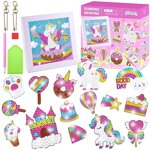 Maomaoyu 5D DIY Diamond Painting Kinder Set mit Bilderrahmen, 25 Stück Diamond Painting Sticker und 2 Diamond Painting Schlüsselanhänger, Basteln Mädchen und Geschenk Mädchen 5-12 Jahre, Einhorn von Maomaoyu