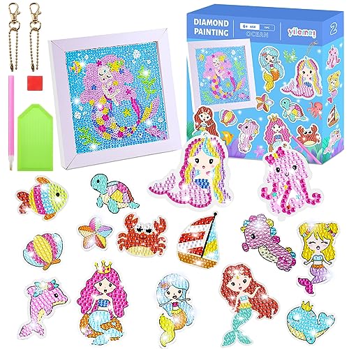 Maomaoyu 5D DIY Diamond Painting Kinder Set mit Bilderrahmen, 25 Stück Sticker und 2 Diamond Painting Schlüsselanhänger, Basteln Mädchen und Geschenk Mädchen 5-12 Jahre, Meerjungfrau von Maomaoyu