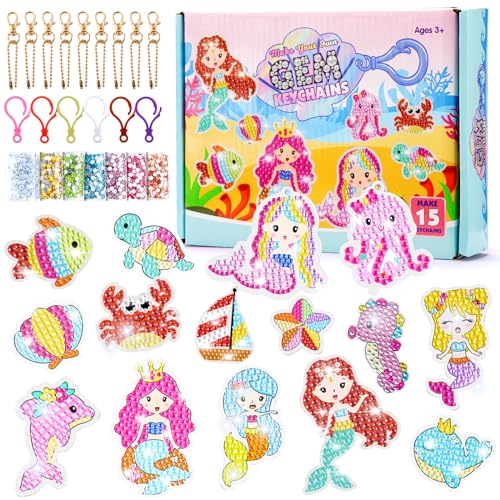 Maomaoyu 5D DIY Diamond Painting für Kinder, 15 Stück Diamantmalerei und Diamond Painting Schlüsselanhänger, DIY Diamant Painting Kit für Kinder, Geschenk Mädchen 5-12 Jahre, Meerjungfrau von Maomaoyu