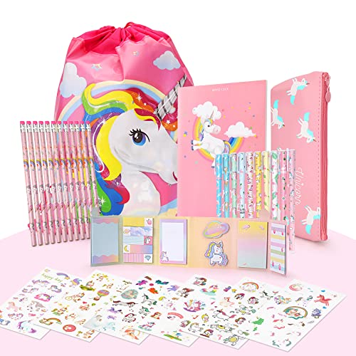 Maomaoyu Einhorn Geschenk Set für Mädchen &Junge mit 12 Einhorn Bleistiften und 1 Federmäppchen, Schönes Cartoon-Notizbuch, Ästhetisch Aufklebern und Süße Haftnotizen, Pink von Maomaoyu