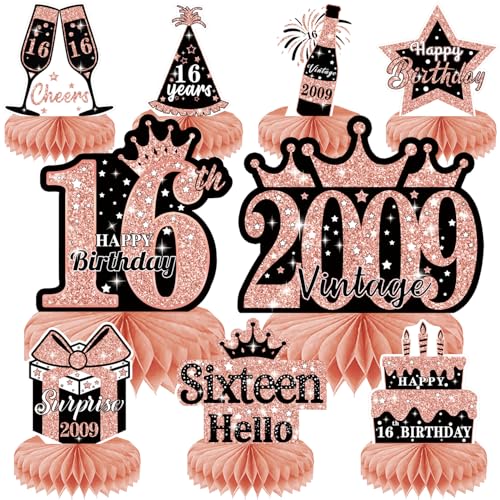 9 Stück Rose Gold Sweet 16 Birthday Dekorationen Waben-Mittelstücke für Mädchen, 16 Jahre alte Geburtstagsparty-Tischschild-Dekoration, 2009 Aged to Perfection Tischaufsätze von Maoyues