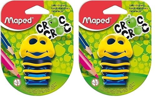 Maped - Bleistift-Anspitzer, Dosen-Anspitzer CROC CROC Raupe, für dünne und dicke Stifte - grün, gelb, pink (Packung mit 2) von Maped
