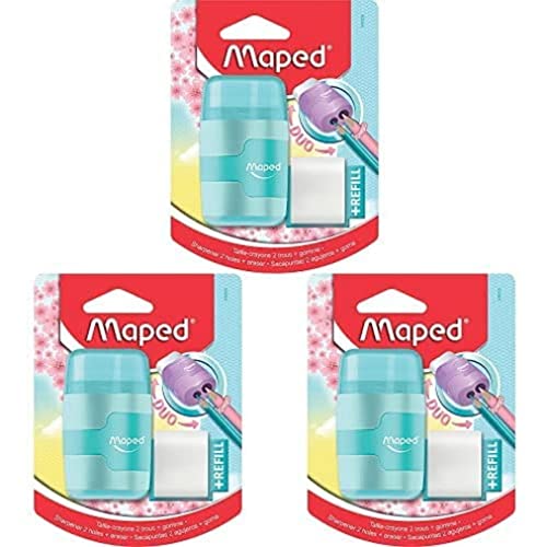 Maped,49230,- AA8Radierer/Anspitzer 2in1CONNECT PASTELL -2 Lochgrößen für dicke unddünne Stifte - inkl. 1x Ersatzradierer - rose, hellblau, flieder, 3er Pack von Maped