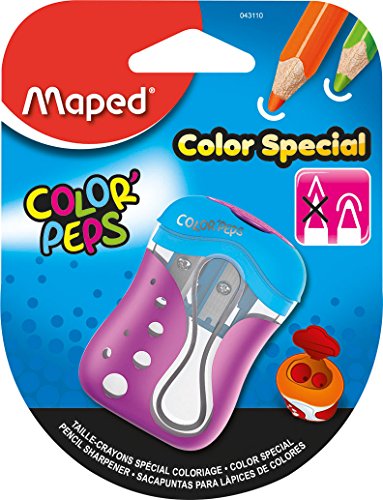 Maped - ergonomischer Anspitzer COLOR'PEPS für 2 Stiftgrößen inkl. Auffangdose - speziell für Buntstifte - für dünne Stifte Ø < 8 mm/für dicke Stifte Ø < 11 mm von Maped