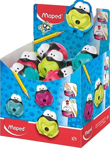 Maped 17711 - 24x Bleistift-Anspitzer, Dosen-Anspitzer CROC CROC Frosch, für dünne Stifte, mit Anspitzer-Dose - türkis, grün, pink von Maped