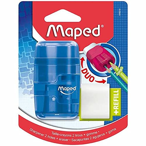 Maped - 2in1 Radier/ Anspitzer CONNECT TRANSLUZENT, 2-Loch für dicke und dünne Stifte, nachfüllbar, inkl. 1x Ersatz-Radierer - grün, blau, pink - zufällige Farbauswahl von Maped