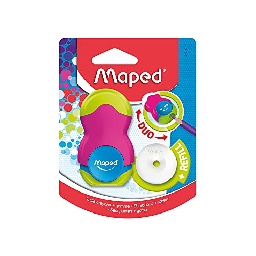 Maped - 2in1 Radier/ Anspitzer LOOPY, nachfüllbar, inkl. 1x Ersatz-Radierer - grün/ blau, pink/ grün, blau/ lila - zufällige Farbauswahl, für dünne Stifte von Maped