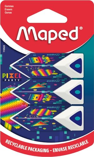 Maped - 3 Radiergummis Pyramiden – bringt Präzision und Komfort – weißer Radiergummi – Serie Pixel Party – recycelbare Verpackung von Maped