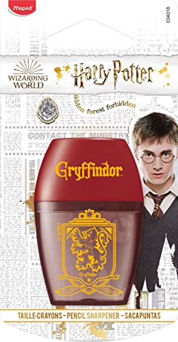 Maped 34018 - Bleistift-Anspitzer, Dosen-Anspitzer HARRY POTTER, für dünne Stifte, mit Anspitzer-Dose - Haus Gryffindor, rot von Maped