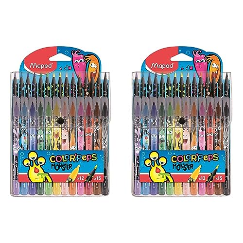 Maped 984718 - Stifte-Set COLOR'PEPS MONSTER Filzstifte x12 + Buntstifte x15, mehrfarbig, 27 Stück (2er Pack) von Maped