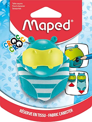 Maped - Anspitzer CROC CROC Hippo für 1 Stiftgröße mit Auffangdose - im lustigen Hippo-Design - mit praktischem Auffangbehälter aus Stoff - ideal für ein sauberes Etui von Maped