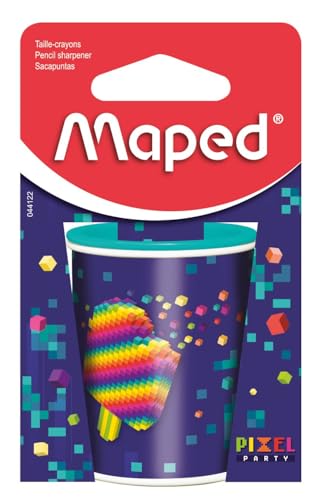 Maped - Bleistiftspitzer Pixel Party – einfaches und präzises Anschneiden – Spule aus Metall – Behälter groß – Bleistiftspitzer mit 2 Löchern von Maped