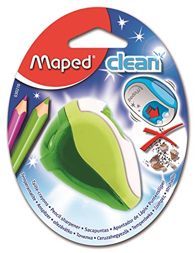 Maped - Anspitzer CLEAN für 2 Stiftgrößen inkl. Auffangbehälter - grün - Schutzdeckel über den Klingen - automatisches Schließen - für dünne Stifte Ø < 8 mm/für dicke Stifte Ø < 11 mm von Maped