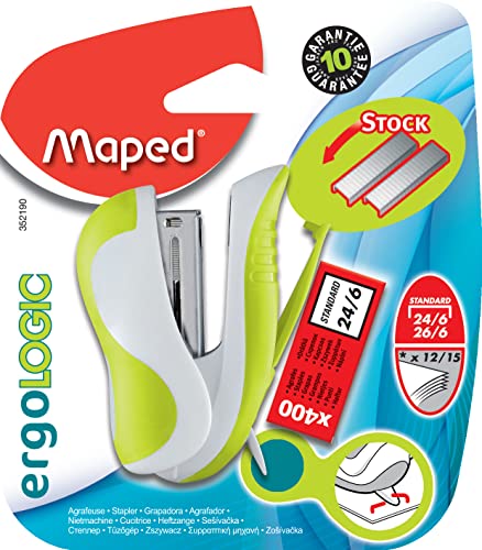 Maped Ergologic Mini Heftgerät für Heftklammern 24/6 oder 26/6, integrierte Heftklammern und Heftklammern, mit Box mit 400 Heftklammern – Farbe: Grün von Maped