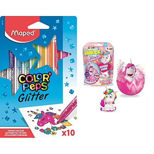 Maped - Glitzer-Filzstifte COLOR'PEPS GLITTER - 10 Stück - hervorragende Deckkraft & CRAZE Spaßbad Einhorn INKEE Magische Duft Badekugel mit Überraschung Unicorn Einhornfigur 18378, bunt von Maped