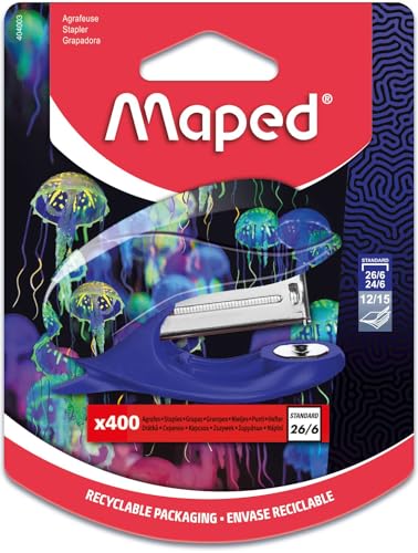 Maped Heftgerät Deepsea Paradise - Heftgerät für bis zu 15 Blatt - Heftklammern 24/6 und 26/6 - Metallmechanik - Blister mit 400 Heftklammern von Maped