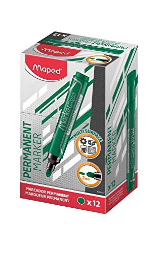 Maped JUMBO Permanentmarker Rundspitze 2 mm – Box mit 12 Filzstiften – Grün – Marker für verschiedene Oberflächen von Maped