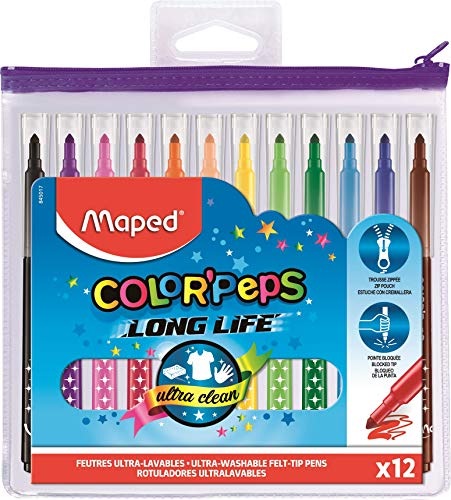 Maped Long Life Filzstifte, 12 Stück, sehr waschbar und langlebig, mittlere Spitze, blockiert, lebendige Farben, ideal für den Schulanfang, aus Kunststoff, mit Reißverschluss von Maped Helix USA