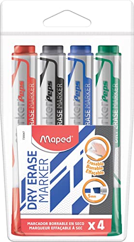 Maped Marker, trocken abwischbar, 4 Stück, Blau, Schwarz, Rot, Grün – Keilspitze, 1 bis 5 mm – Weiße Tafel, Schiefer und nicht poröse Oberflächen von Maped