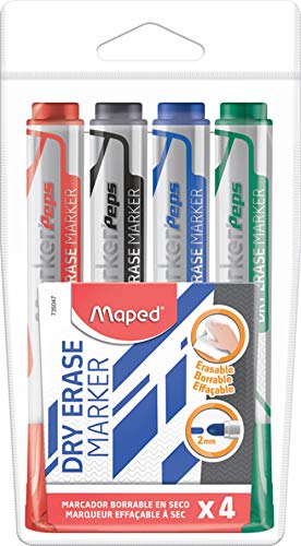 Maped Marker, trocken abwischbar, 4 Stück, Blau, Schwarz, Rot, Grün – Rundspitze, 2 mm – Weiße, Schiefer und nicht poröse Oberflächen Maped Marker, trocken abwischbar, 4 Stück, Blau, Schwarz, Rot, Grün – Rundspitze, 2 mm – Weiße, Schiefer und nicht poröse Oberflächen von Maped