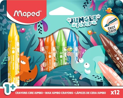 Maped - Maxi-Wachsmalstifte JUNGLE FEVER JUMBO- Kinderwachsstifte - Wachsmalkreiden für Babys ab 1 Jahr - Dreieckige Form - Erster Jumbo-Wachsmalstift - Kartonschachtel mit 12 Jumbo-Wachsmalstifte Maped - Maxi-Wachsmalstifte JUNGLE FEVER JUMBO- Kinderwachsstifte - Wachsmalkreiden für Babys ab 1 Jahr - Dreieckige Form - Erster Jumbo-Wachsmalstift - Kartonschachtel mit 12 Jumbo-Wachsmalstifte von Maped