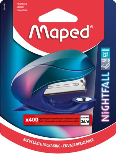 Maped - Nightfall Heftgerät - Befestigung bis zu 15 Blatt - Heftklammern 24/6 und 26/6 - Metallmechanik - Blister mit 400 Heftklammern von Maped