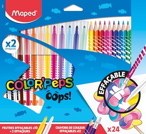 Maped Oops Color'Peps Set aus Filzstiften und Buntstiften, radierbar, 12 Filzstifte mit Radierspitze + 12 Filzstifte, die sich löschen lassen Maped Oops Color'Peps Set aus Filzstiften und Buntstiften, radierbar, 12 Filzstifte mit Radierspitze + 12 Filzstifte, die sich löschen lassen von Maped
