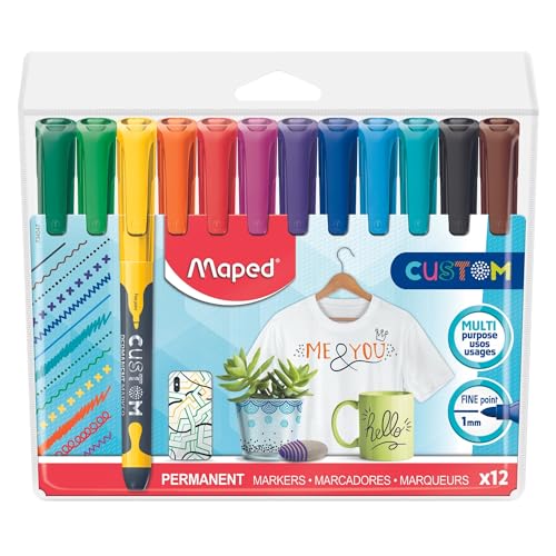 Maped - Permanent-Marker/Kreativ-Marker CUSTOM mit feiner Spitze - für verschiedene Oberflächen: Holz, Metall, Glas, Porzellan, Karton, Textilien - x12 Farben im Set, 734547 von Maped