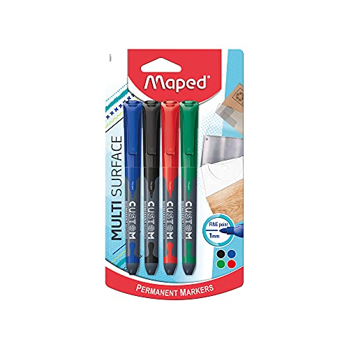 Maped - Permanent-Marker/Kreativ-Marker CUSTOM mit feiner Spitze - für verschiedene Oberflächen: Holz, Metall, Glas, Porzellan, Karton, Textilien - x4 Farben im Set, sortiert von Maped