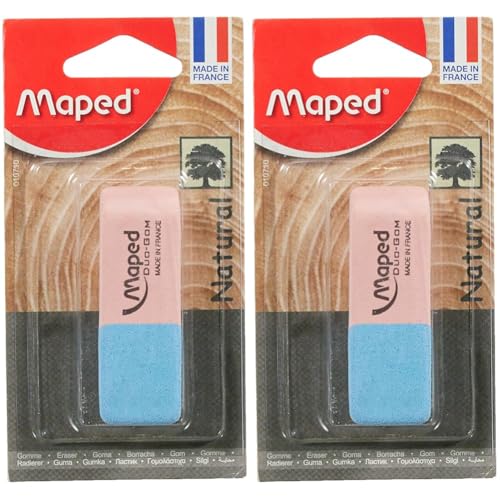 Maped Radiergummi Duo-Gom Medium – Radiergummi aus Naturkautschuk ohne PVC – rosa und blau – FSC-zertifiziert – Papierverpackung 100% recycelbar (Packung mit 2) von Maped
