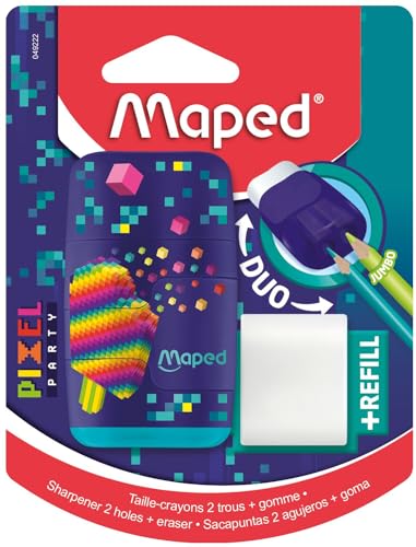 Maped - Radiergummi-Spitzer Duo Pixel Party – 2 in 1 – 2 Löcher + Radiergummi, ohne PVC und Phthalat – mit Radiergummimine von Maped