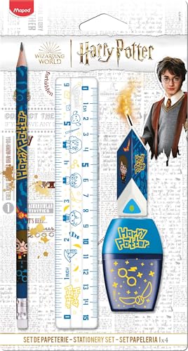 Maped - Schreibwaren-Set 4-teilig – 1 Lineal transparent 15 cm + 1 Spitzer 1 Loch + 1 Radiergummi + 1 Bleistift Papier HB – offizielles Harry Potter Lizenzprodukt von Maped