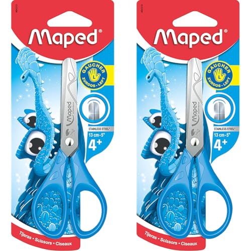 Maped - Schul- und Bastel- Schere ESSENTIALS 13 cm für Linkshänder, abgerundete Spitzen Blau/Pink/Gelb (Packung mit 2) von Maped