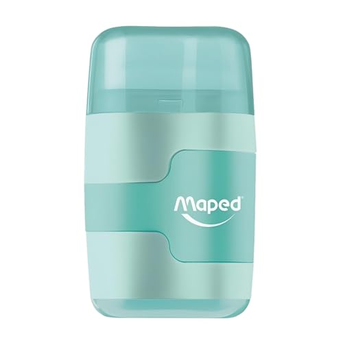 Maped - Schulmaterial - Bleistiftspitzer Connect Pastell, 20 Bleistiftspitzer mit Tank - 2 Löcher zum Schärfen - inklusive Gummi auf der Rückseite - 3 verschiedene Farben von Maped