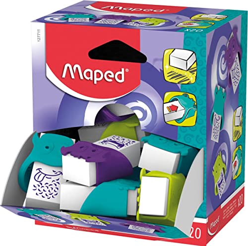 Maped Radiergummi, 20 Einheiten, kleiner Monsterständer, verschiedene Farben, nachfüllbar, Gummi, ideal zum Schreiben und Zeichnen von Maped