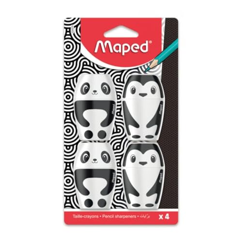 Maped - Set mit 4 Bleistiftspitzern Shakky Pinguin und Panda – Bleistiftspitzer mit Reserve und 1 Loch für Standard-Bleistifte – einfach zu verwenden von Maped