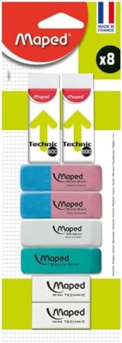 Maped - Set mit 8 verschiedenen Radiergummis – Mini weiße Radiergummis – Dust Free Radiergummis ohne Phthalate – Radiergummis zum Zeichnen – Radiergummis hergestellt in Frankreich von Maped
